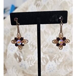 Victorian Revival Filigree Floral Drop Earrings Aurora Borealis Crystal- Gothic